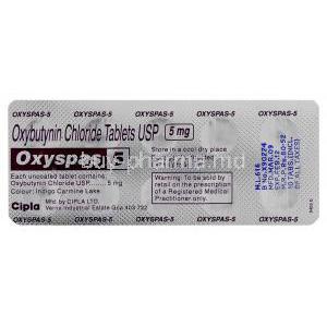 Oxyspas, Generic  Ditropan, Oxybutynin 5 mg (Cipla)  blister pack