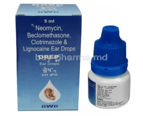 Drep Ear Drops, Ofloxacin 0.3%wv Beclomethasone 0.025%wv Clotrimazole 1%wv Lignocaine 2%wv, Ear Drops 5mL, DWD Pharma, Box front view, Bottle(New package)