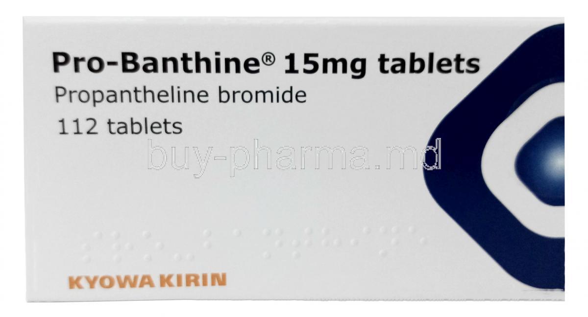 Pro-Banthine, Propantheline 15mg, 112tablets Kyowa Kirin UK, Box front view