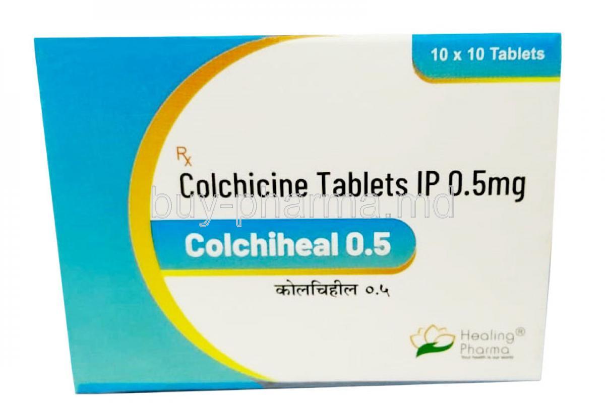 Colchiheal, Colchicine 0.5mg, Healing Pharma India Pvt Ltd, Box front view