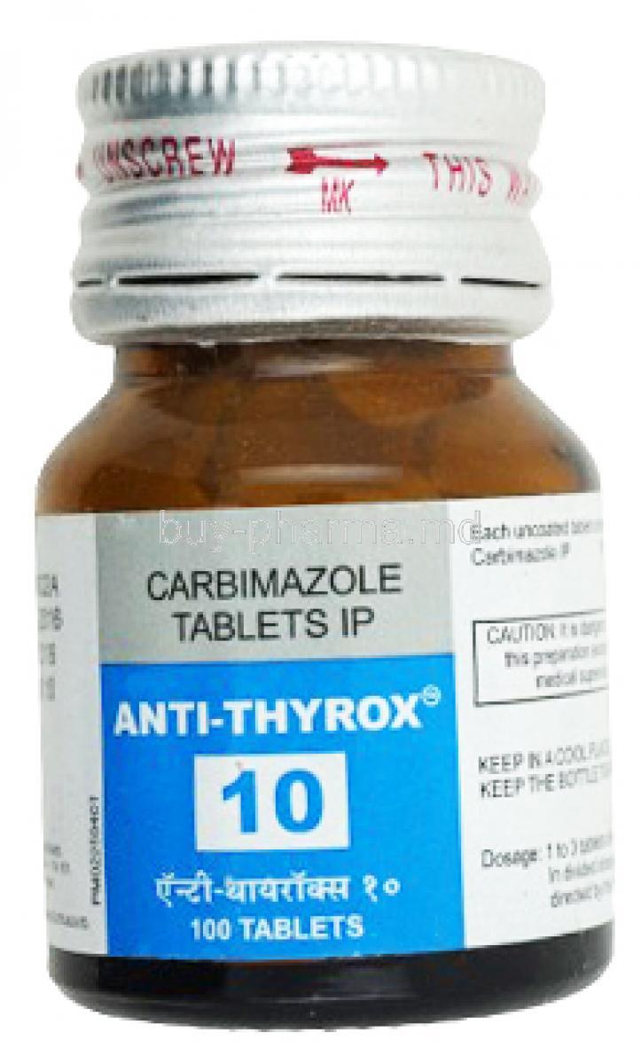Anti-Thyrox, Carbimazole 10 mg, Macleods Pharmaceuticals, bottle front view