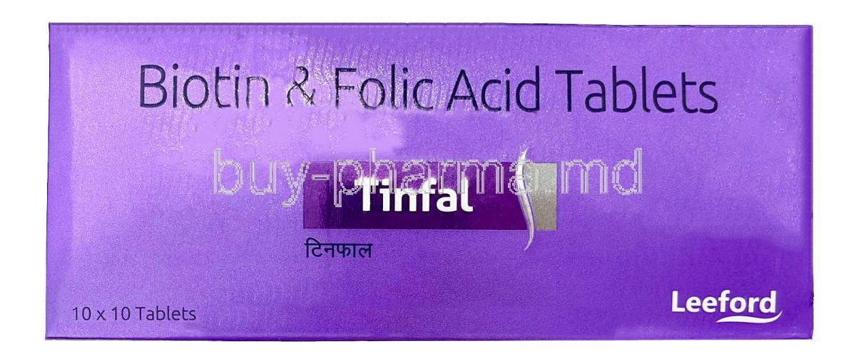 Tinfal, Biotin 5mg, Folic Acid 5mg, Leeford Healthcare Ltd, Box front view