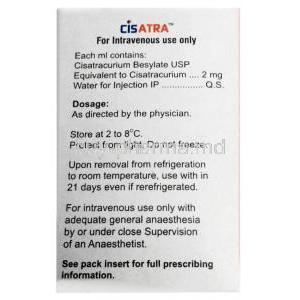 Cisatra Injection, Cisatracurium 10mg, Injection Vial 5mL, Box information, Dosage, Storage