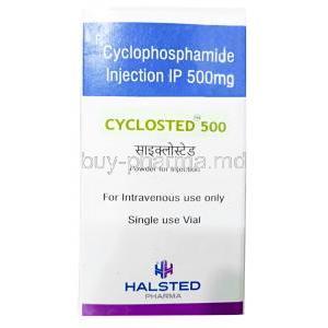 Cyclosted Injection, Cyclophosphamide 500 mg, Halsted Pharma, Box front view