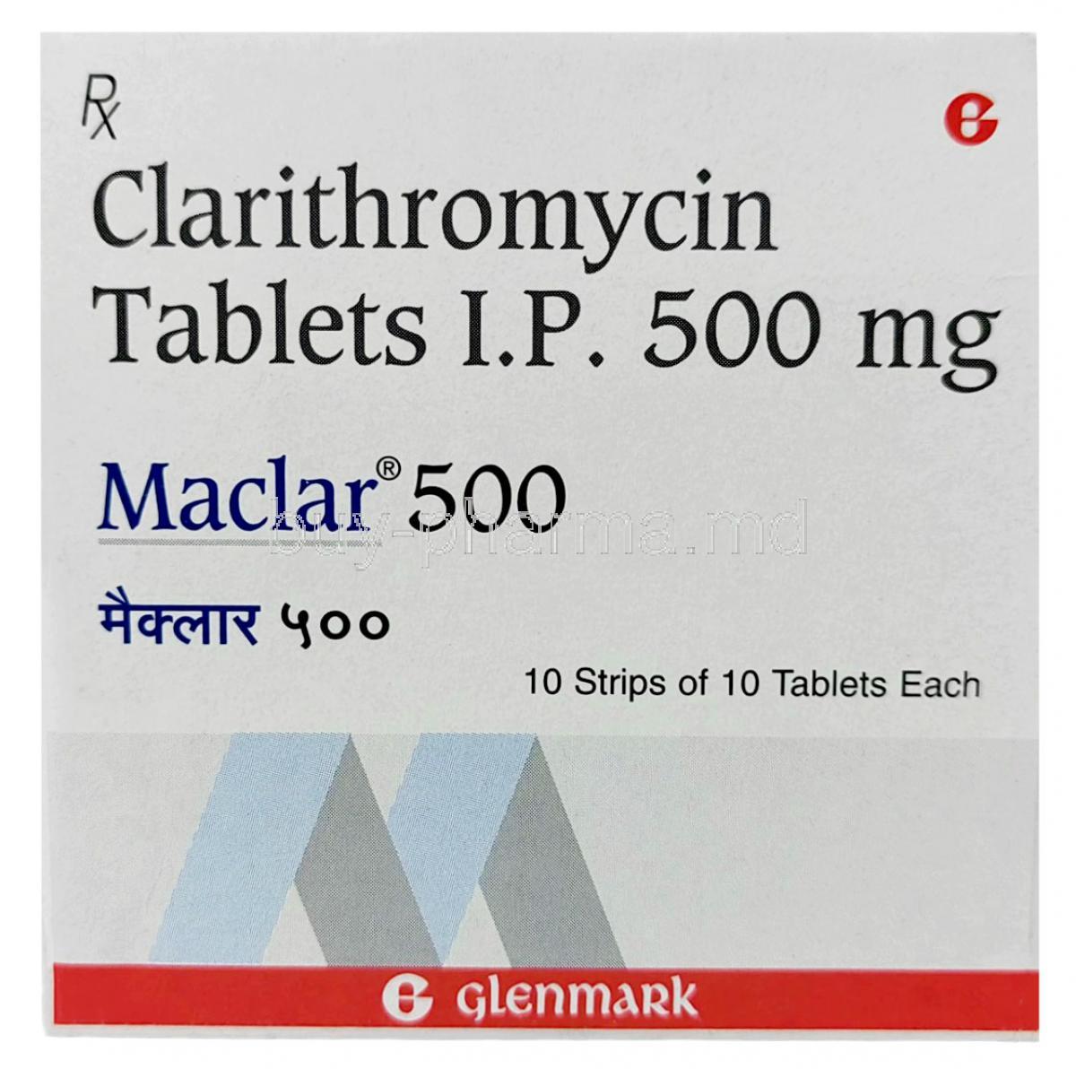 Maclar 500, Clarithromycin 500mg, Glenmark, Box front view
