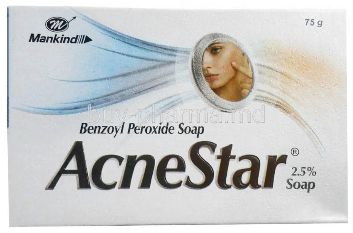 Acnestar Soap, Benzoyl Peroxide 2.5%, Soap 75g, Mankind Pharma, Box front view