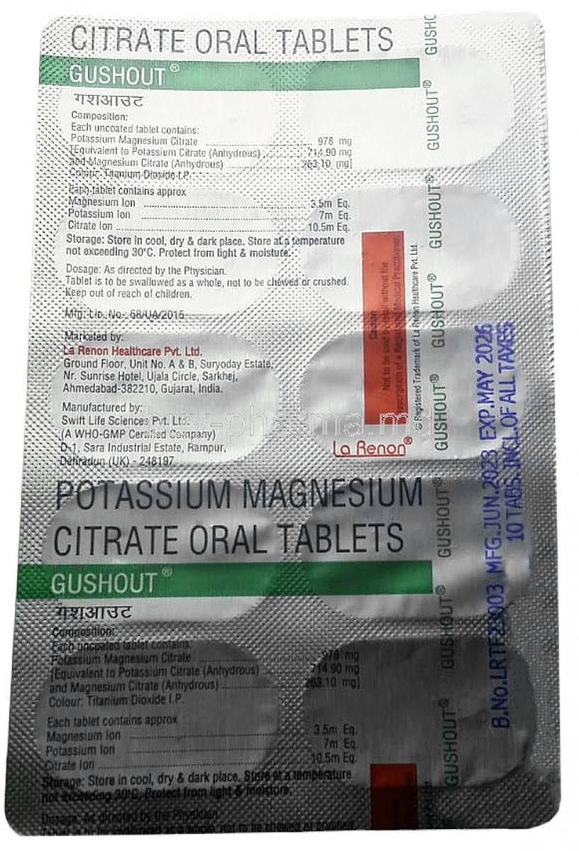 Gushout, Potassium Magnesium Citrate 978mg, Blisterpack information