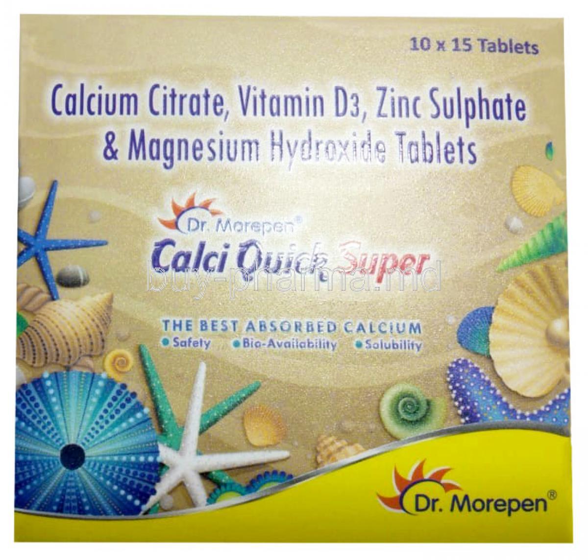 Calciquick Super, Calcium Citrate 1000 mg, Magnesium 100 mg, Zinc 4 mg, Vitamin D3 200 IU, Dr.Morepen Ltd, Box front view