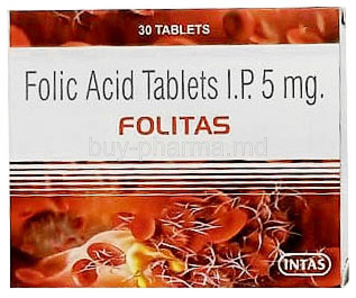 Folitas, Folic Acid 5mg, Intas Pharmaceuticals Ltd, Box front view