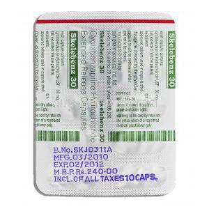 Skelebenz, Generic Cyclobenzaprine, Cyclobenzaprine Hydrochloride 30mg, information on strip pack