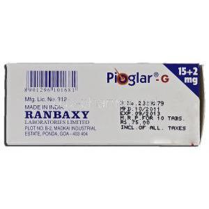 Pioglar-G, Generic Actos GF, Pioglitazone & Glimepiride, 15mg & 2mg, Ranbaxy Laboratories manufacturer