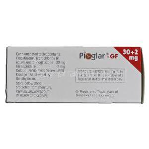 Pioglar-GF, Generic Actos GF, Pioglitazone Hydrochloride & Glimepiride, Box description