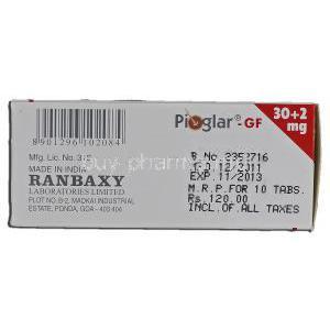 Pioglar-GF, Generic Actos GF, Pioglitazone Hydrochloride & Glimepiride, Ranbaxy Lab manufacturer