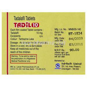 Tadil,  Tadalafil Box Tablet Back