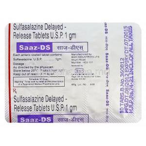 Saaz-DS, Sulfasalazine 1gm Delayed Release Blister Pack Information