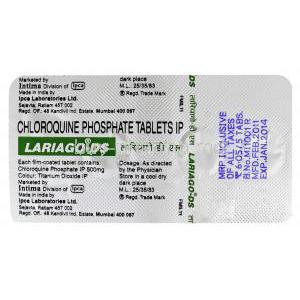 Generic  Aralen, Chloroquine 500 mg Dispersible LARIAGO (IPCA) Tablet information