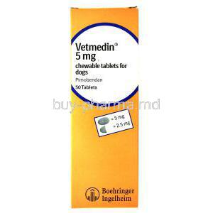 Vetmedin 5mg, Pimobendan, Chewable tablets for dogs, 50 tablets, Boehringer Ingelheim, Box front presentation