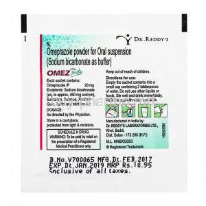 Omez Insta Mint Flavour Sachet,Omeprazole Powder for oral suspension, Sodium Bicarbonate as buffer, Dr.Reddy's, sachet packaging presentation with information on centent, storage and dosage instructions, warning label and directions for use.