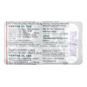 Ventab XL, Venlafaxine 150mg tablets back