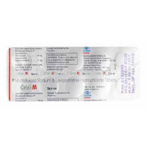 Criz-M, LLevocetirizine 5mg and Montelukast 10mg tablets back