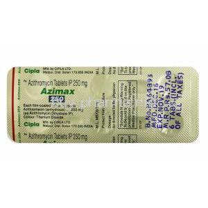 Azimax, Azithromycin 250mg tablets back
