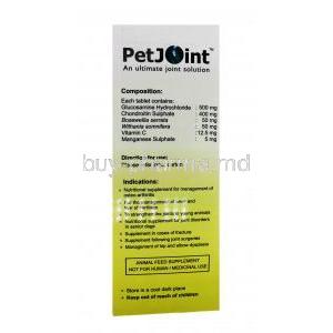 PETJOINT, Glucosamine 500mg, Chondoroitin 400mg, tablet,Box information, Composition