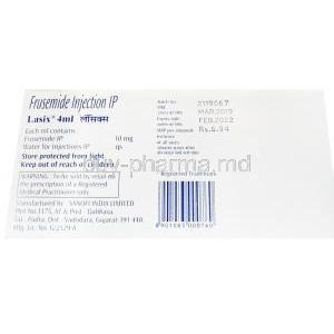 Lasix, Frusemide Injection, 10 injections 10mg / 4ml , Sanofi, box back presentation with information