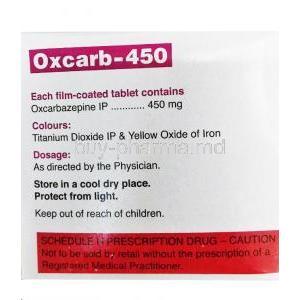 Oxcarb-450, Oxcarbazepine tablets, Cipla, box side presentation with information