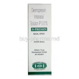 Dpressin Nasal Spray, Desmopressin 10 mcg per dose, Nasal Spray 5mL(50MD), United Biotech Pvt Ltd, Box front view