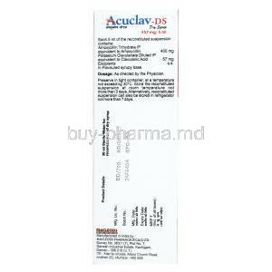 Acuclav DS Syrup, Amoxycillin 400 mg/5 mL / Clavulanic Acid 57 mg/5 mL, Macleods Pharmaceuticals, box side view