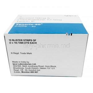 Tenoric, Atenolol 50 mg / Chlorthalidone 12.5 mg, Ipca Laboratories, Box information, Manufacturer