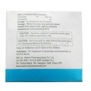 Colnol,Disulfiram 500mg, 8tablets, Medoz Pharmaceuticals, Box information, Caution