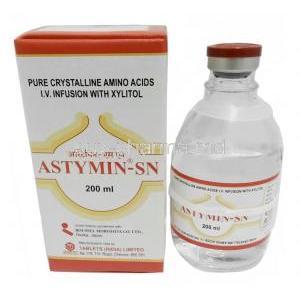 Astymin-SN Infusion, L-Leucine 5.6 mg/ L-Isoleucine 12.5 mg, Infusion 200mL, Tablets India Limited, Box, Blttle