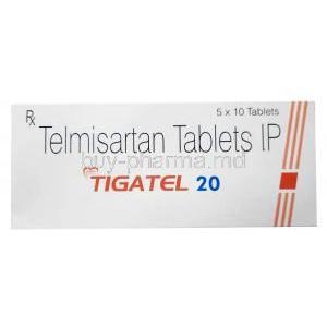 Tigatel, Telmisartan 20mg, Sun Pharmaceutical Industries, Box front view