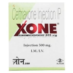 Xone Injection 500mg, Ceftriaxone 500 mg, Injection 5mL, Alkem Laboratories, Box front view(New package)