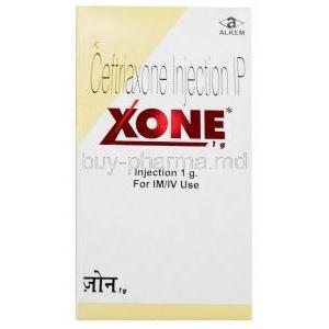 Xone Injection 1g, Ceftriaxone 1000 mg, Injection 5mL, Alkem Laboratories, Box front view(New package)