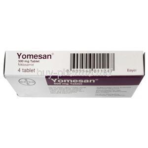 Yomesan, Niclosamide 500mg,Bayer Turkey, Box top view