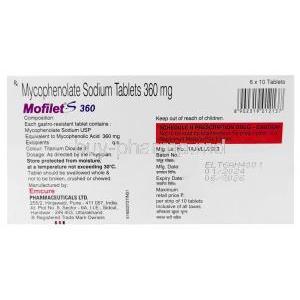 Mofilet-S, Mycophenolate mofetil 360 mg, Emcure Pharma, Box information