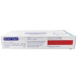 Cernos Depot Injection, Testosterone 250mg per mL, Injection ampoule 4mL, Sun Pharma, Box information, Dosage, Caution