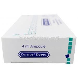 Cernos Depot Injection, Testosterone 250mg per mL, Injection ampoule 4mL, Sun Pharma, Box side view