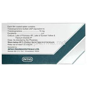 Trivon, Tranylcypromine 10mg, Intas Pharmaceuticals Ltd, Box information, Manufacturer