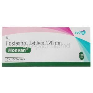 Honvan, Fosfestrol 120 mg, 10 X 10tablets, Zydus Cadila, Box front view (New package)