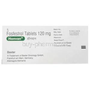 Honvan, Fosfestrol 120 mg, 10 X 10tablets, Zydus Cadila, Box information, Mfg date, Exp date (New package)