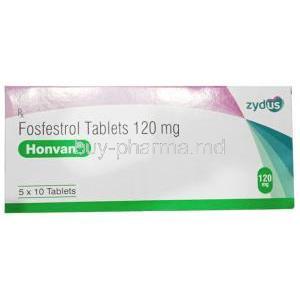 Honvan, Fosfestrol 120 mg, 5 X 10tablets, Zydus Cadila, Box front view (New package)