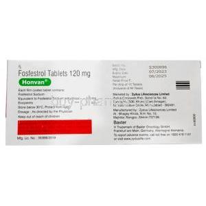 Honvan, Fosfestrol 120 mg, 5 X 10tablets, Zydus Cadila, Box information, Mfg date, Exp date (New package)