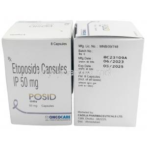 Posid, Etoposide 50mg, 8capsules, Cadila Pharmaceuticals, Box front view, information