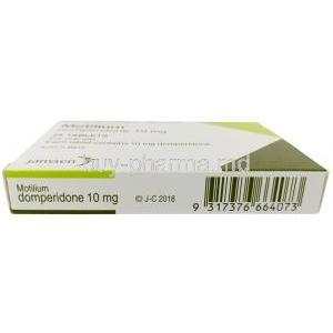 Motilium, Domperidone 10mg, 25tablets Janssen Pharmaceutica, Box bottom view