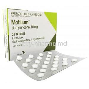 Motilium, Domperidone 10mg, 25tablets Janssen Pharmaceutica, Box, Blisterpack