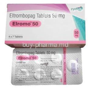 Elromo, Eltrombopag 50mg, 7tablets, Zydus Cadila, Box, Blisterpack