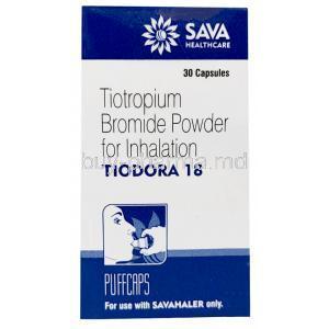 Tiodora Pufcaps, Tiotropium Bromide 18 mcg, 30 Pufcaps, Sava medica, Box front view